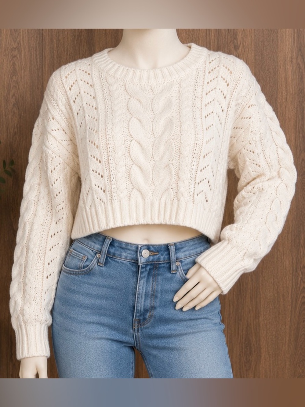 Pink Rose Cream Cable Knit Cropped Sweater - Women Medium